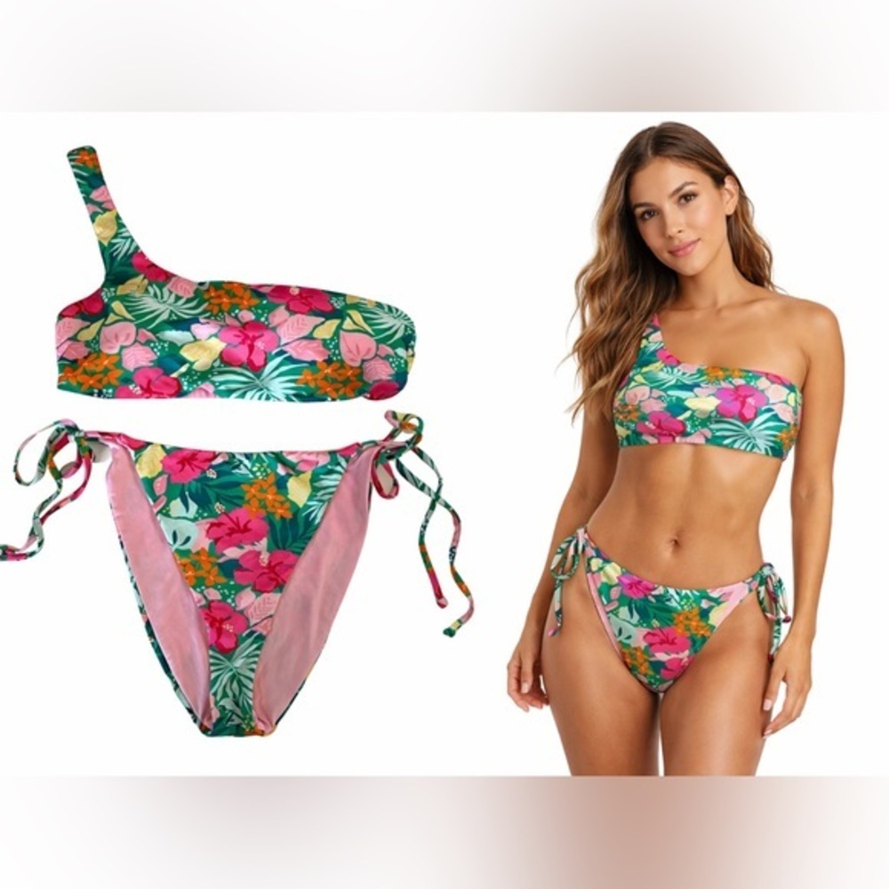 Dippin' Daisy's Tropical Floral One-Shoulder Bikini - Green, Pink